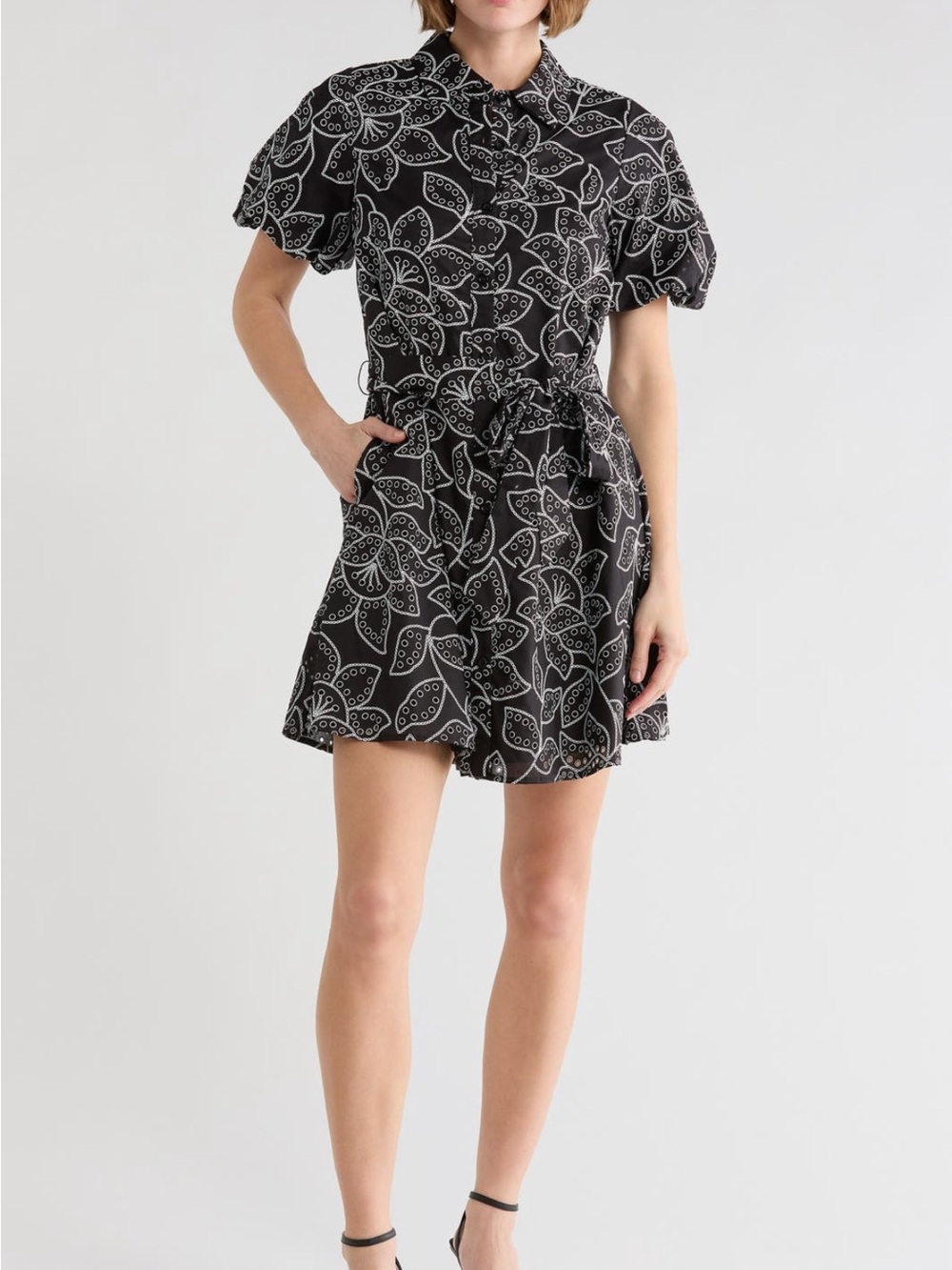 NWT Sam Edelman Black & White Short Sleeve Puff Sleeve Floral Shirtdress